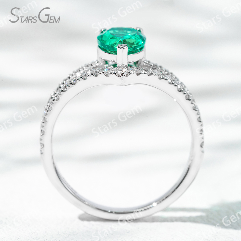 6×9mm Pear Cut Lab Grown Emerald 18K Gold Pave Engagement Ring