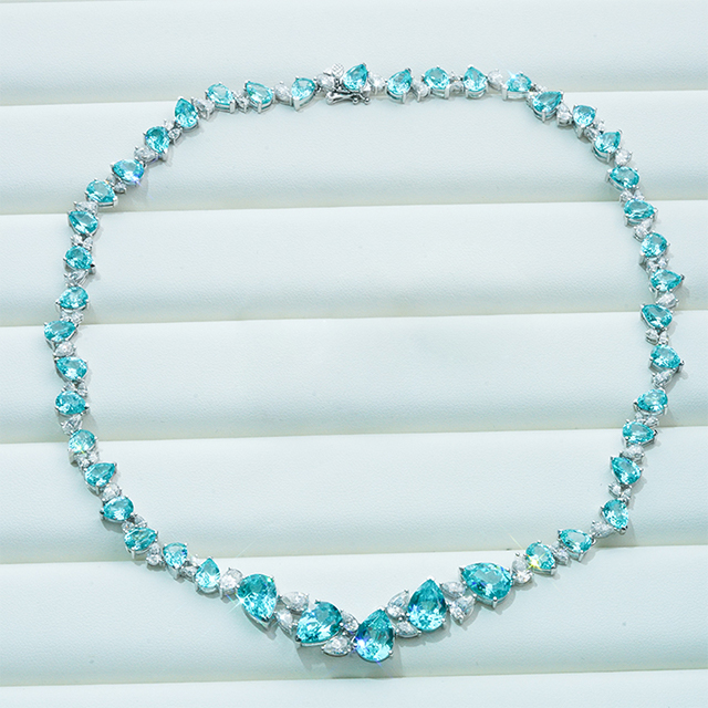 14K White Gold Pear Cut Lab Grown Paraiba Sapphire and Moissanite Luxury Diamond Necklace