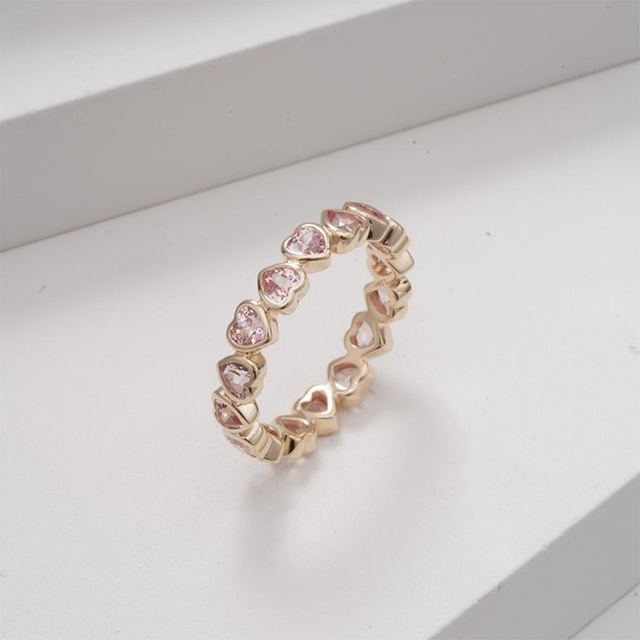 14K Gold Heart Cut Lab Grown Gemstones Bezel Set Diamond Eternity Rings