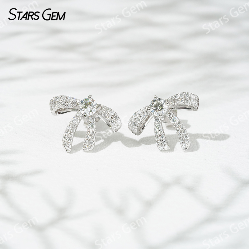 Starsgem 3.9mm Round Brilliant Cut Lab Grown Diamond Bowknot 18K White Gold Diamond Stud Earrings
