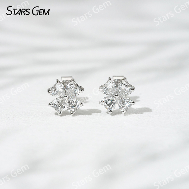 Starsgem 3×3mm Heart Cut Lab Grown Diamond Four Leaves Clover Shape 18K White Gold Diamond Stud Earrings