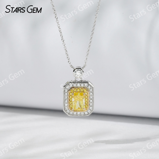 Halo Set 0.8 Carat Radiant Cut Yellow Lab Grown Diamond Pendant 18K Gold Necklace