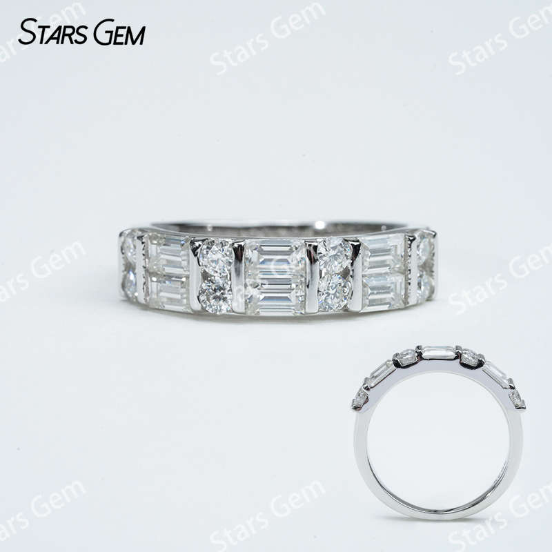 2×4mm Octagon Emerald Cut Moissanite & 2.5mm Round Brilliant Cut Moissanite S925 Sterling Silver Diamond Ring
