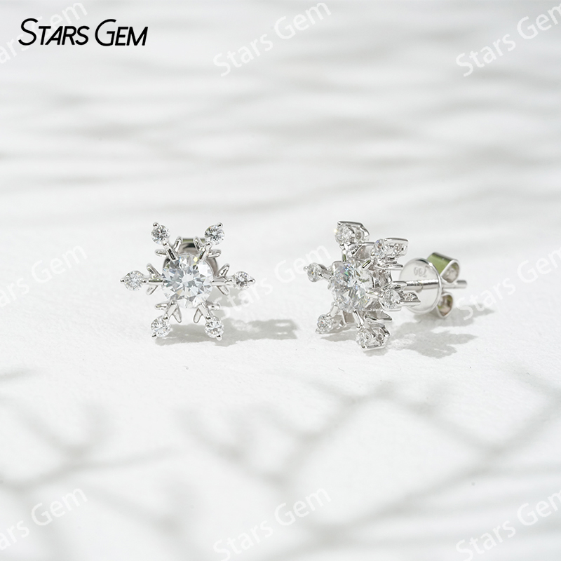 4.1mm Round Brilliant Cut Lab Grown Diamond Snowflake Shape 18K Gold Diamond Stud Earrings