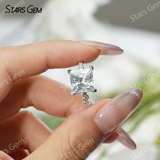 9.5×9.5mm Princess Cut Moissanite S925 Sterling Silver Pave Engagement Ring