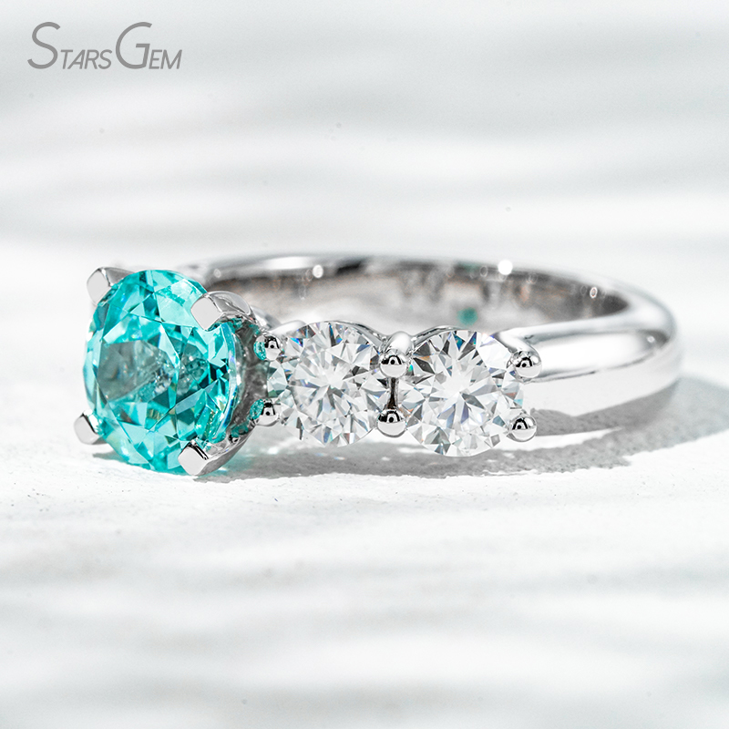 8mm Round Brilliant Cut Lab Grown Paraiba Sapphire With Side Moissanite 14K White Gold Engagement Ring
