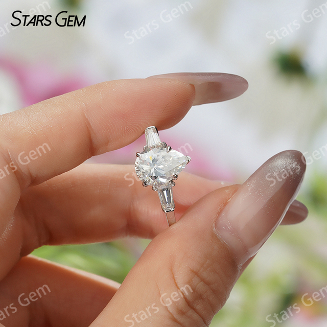 7×​9mm Pear Cut Moissanite S925 Sterling Silver Three Stone Engagement Ring
