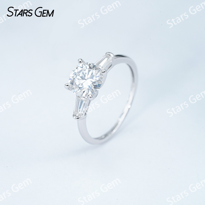 7.5mm Round Brilliant Cut Moissanite S925 Sterling Silver Three Stone Engagement Ring