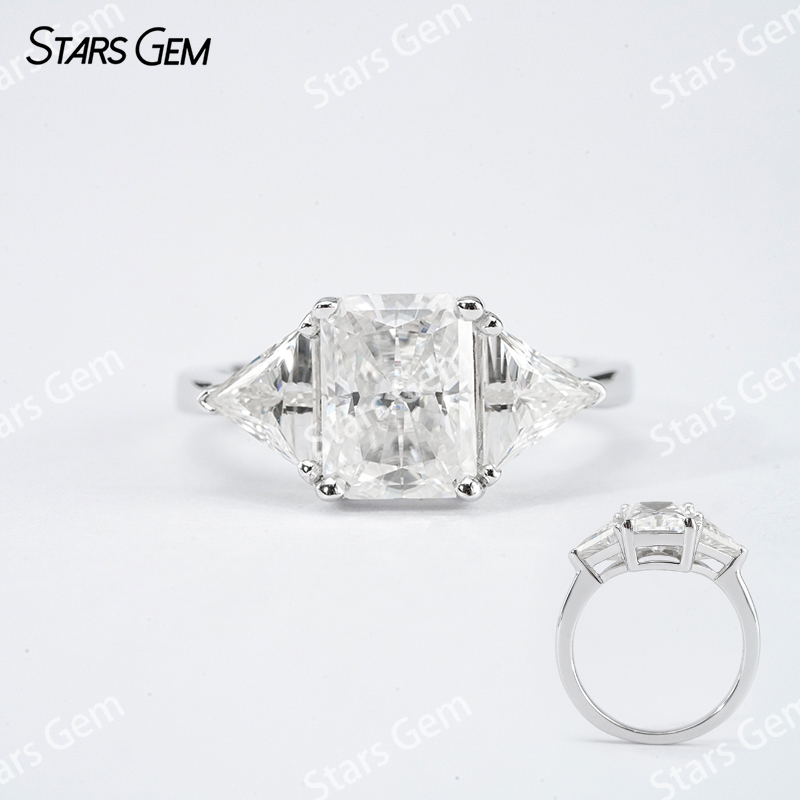 6×8mm Radiant Cut Moissanite S925 Sterling Silver Three Stone Engagement Ring