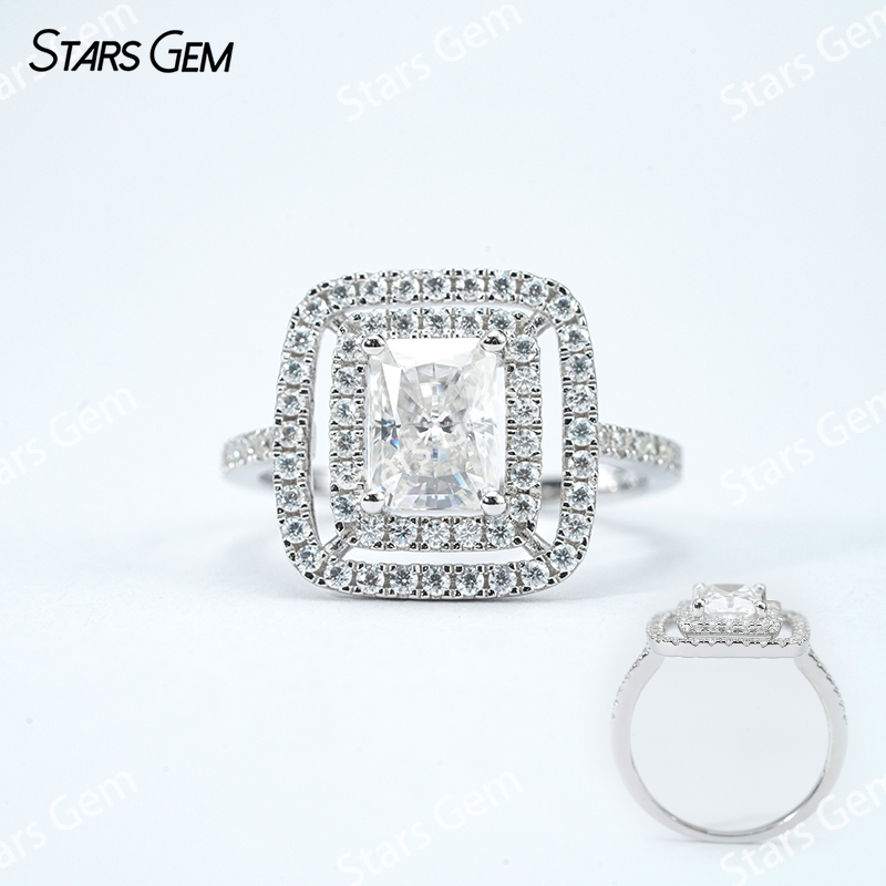6×8mm Radiant Cut Moissanite S925 Sterling Silver Halo Engagement Ring