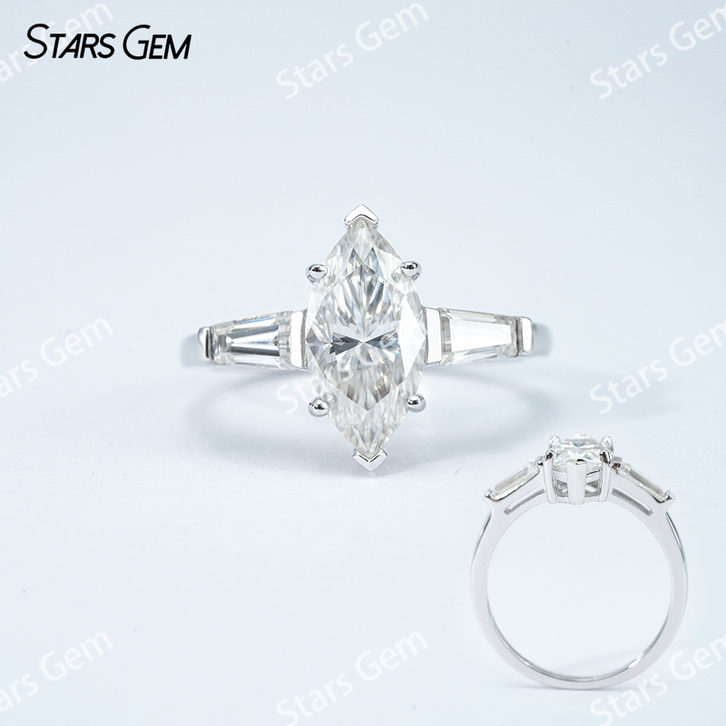 6×12mm Marquise Cut Moissanite S925 Sterling Silver Three Stone Engagement Ring