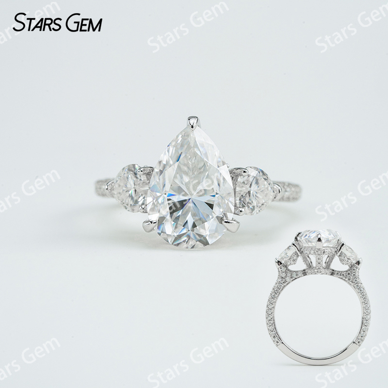 9×​13mm Pear Cut Moissanite S925 Sterling Silver Three Stone Engagement Ring