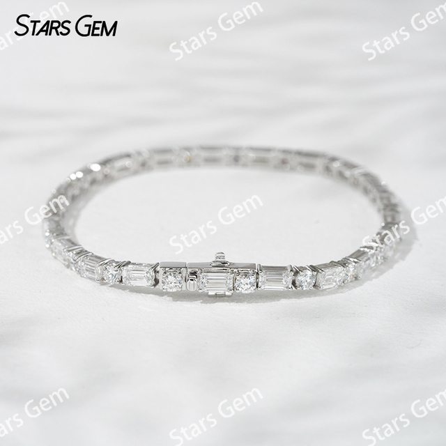 18K White Gold with 3×5mm Octagon Emerald Cut and 3.1mm Round Brilliant Cut Lab Diamond Bracelet Tennis Bracelet