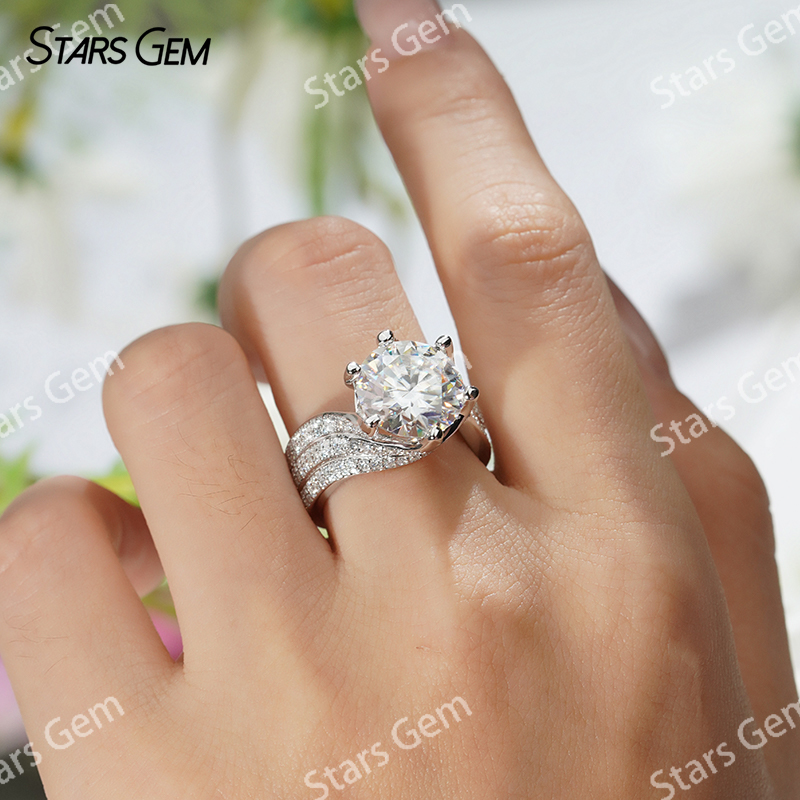 11mm Round Brilliant Cut Moissanite 6 Prongs S925 Sterling Silver Pave Engagement Ring