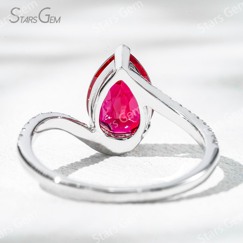 7×10mm Pear Cut Lab Grown Ruby 18K White Gold Pave Engagement Ring