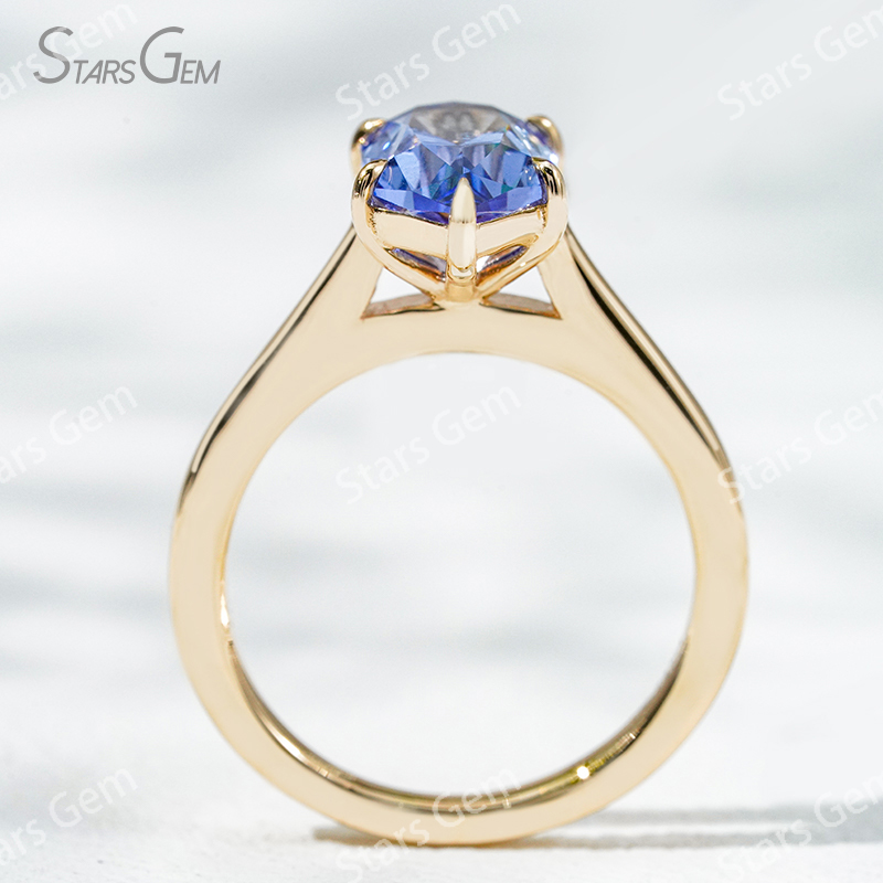 Custom Blue Gemstone Jewelry 6.58×12mm Special Cut Hexagon Shape Lab Grown Sapphire 14K Yellow Gold Solitaire Engagement Ring For Girls Women