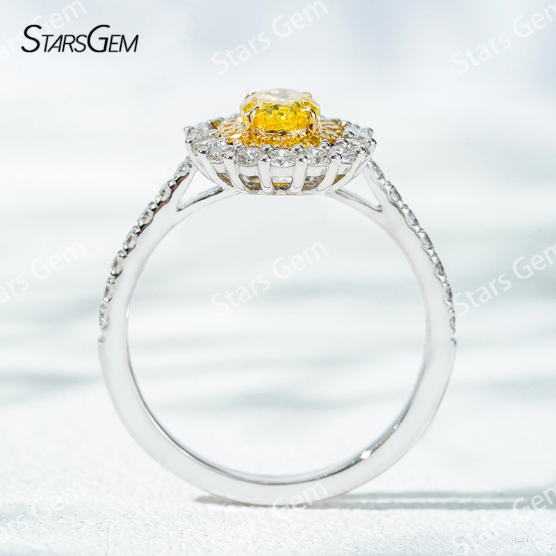 6.8×4.7mm Oval Cut Yellow Lab Grown Diamond 18K White Gold Halo Engagement Ring