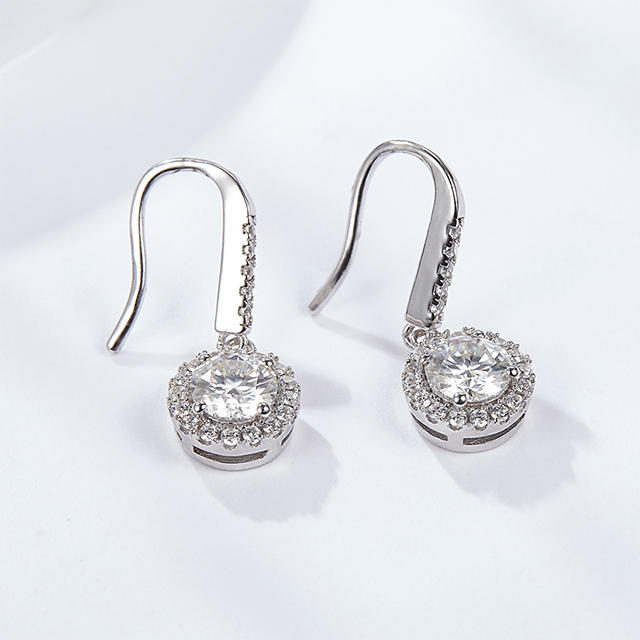 S925 Sterling Silver Round Brilliant Cut Moissanite Halo Set Drop Dangle Diamond Earrings