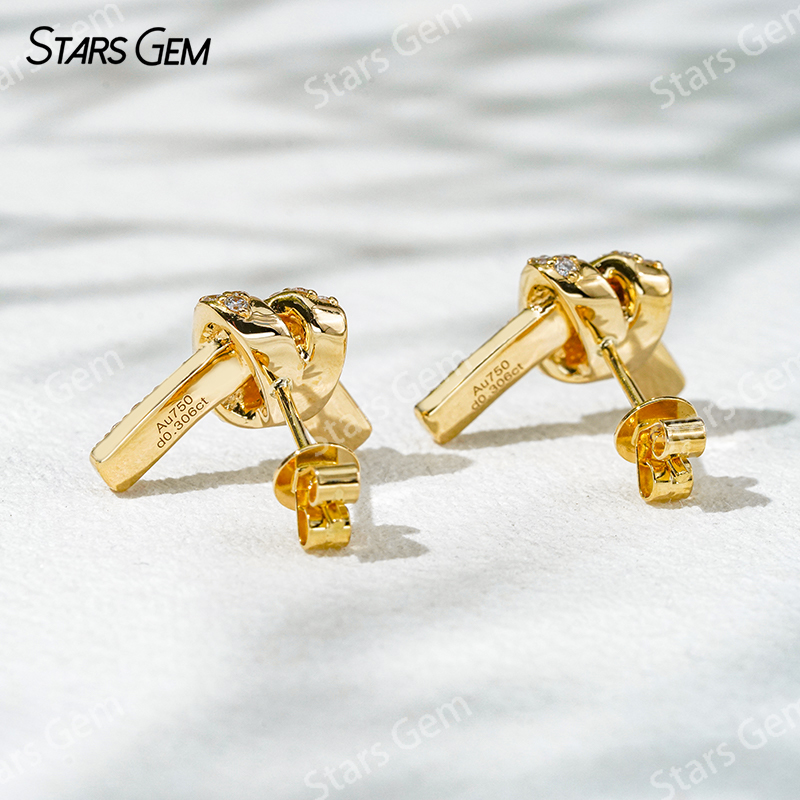 Starsgem 0.9mm Round Brilliant Cut Lab Grown Diamond Ribbon Knot Design 18K Gold Diamond Stud Earrings