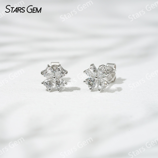 Starsgem 3×3mm Heart Cut Lab Grown Diamond Four Leaves Clover Shape 18K White Gold Diamond Stud Earrings