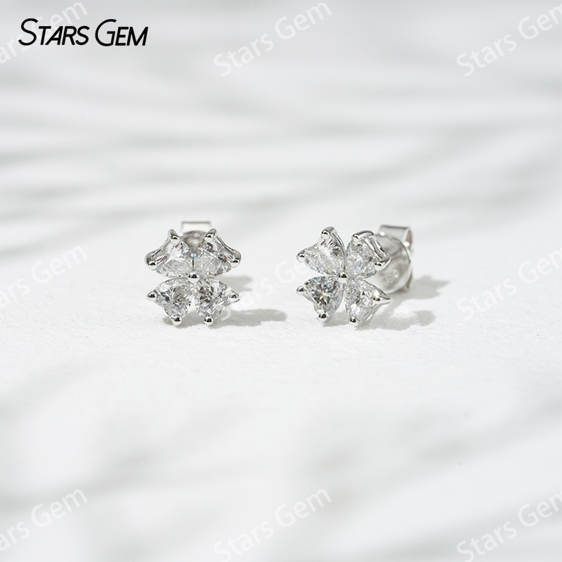 Starsgem 3×3mm Heart Cut Lab Grown Diamond Four Leaves Clover Shape 18K White Gold Diamond Stud Earrings