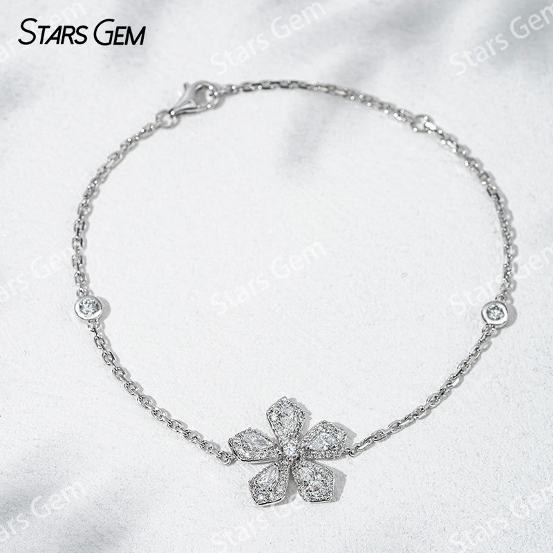 18K White Gold Bracelets Bangles Flower Set 4x2.5mm Pear Cut Lab Grown Diamond Bracelet