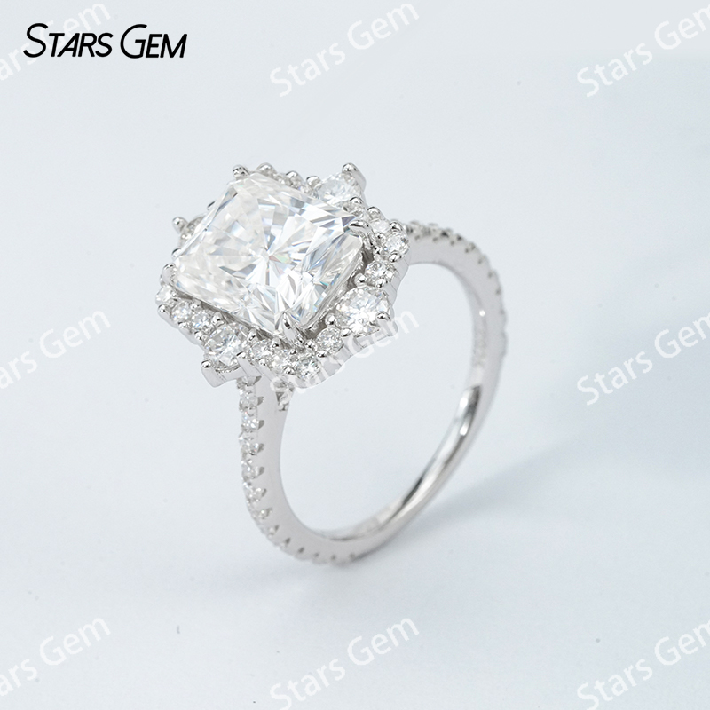 8×10mm Radiant Cut Moissanite S925 Sterling Silver Halo Engagement Ring