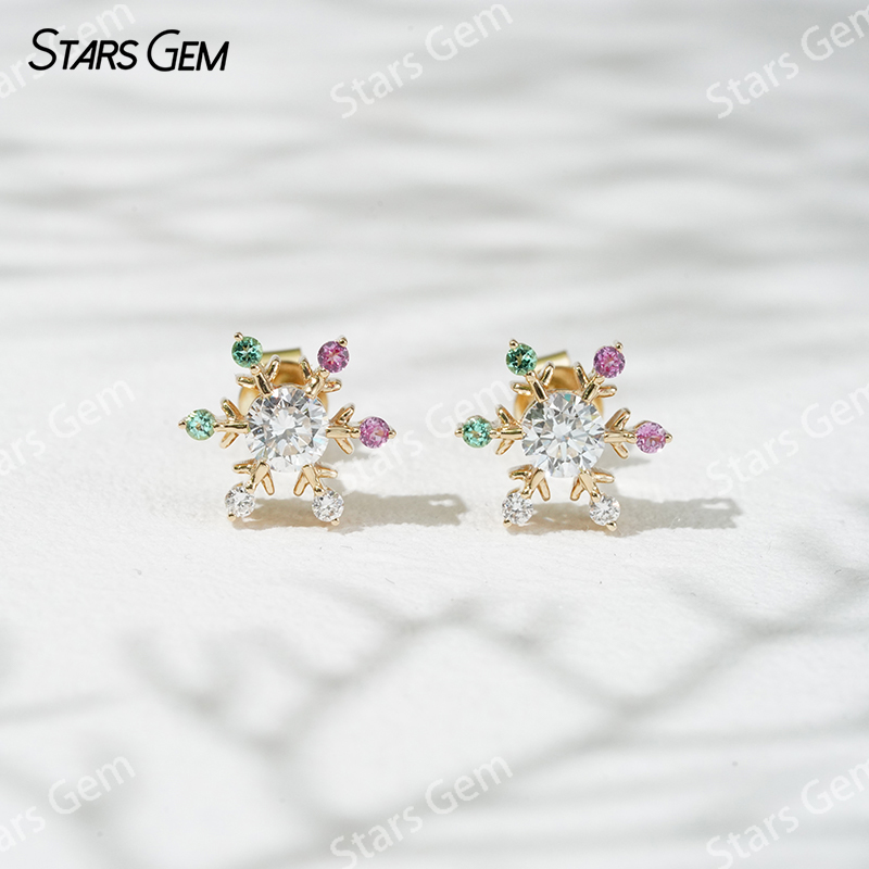4.1mm Round Brilliant Cut Lab Grown Diamond Snowflake Shape 18K Gold Diamond Stud Earrings