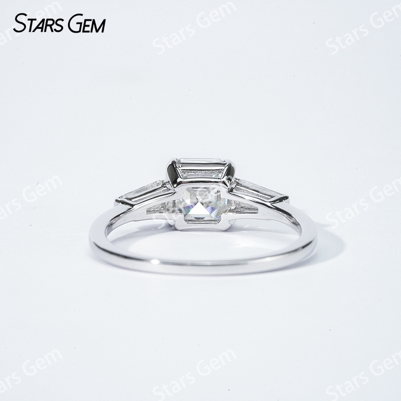 6.5×6.5mm Asscher Cut Moissanite S925 Sterling Silver Three Stone Engagement Ring