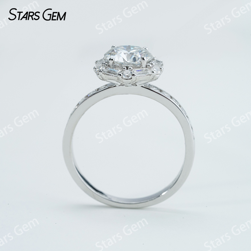 7.5mm Round Brilliant Cut Moissanite S925 Sterling Silver Hexagonal Shape Design Halo Engagement Ring