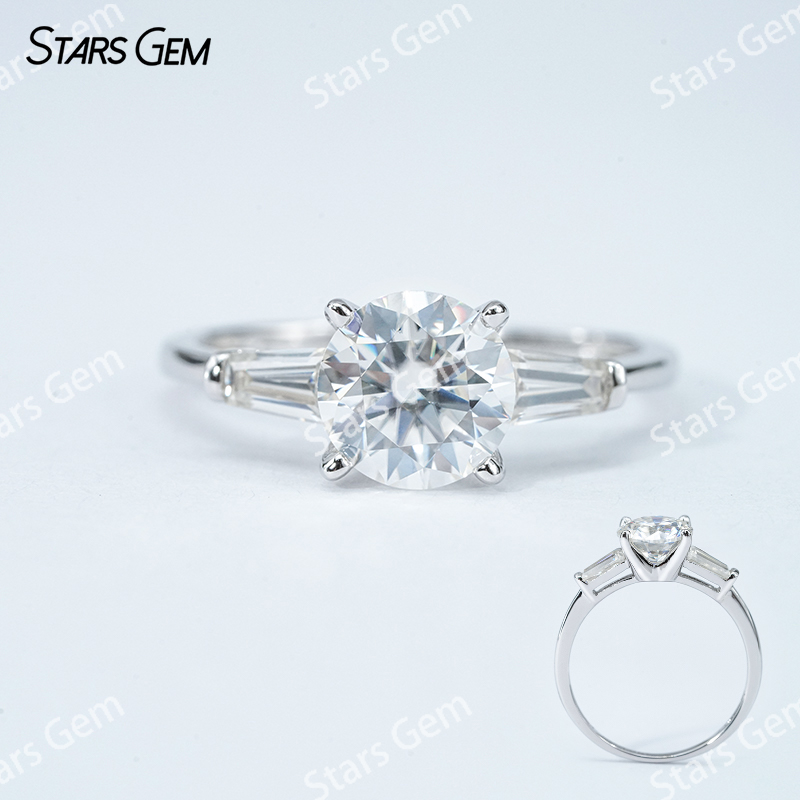 7.5mm Round Brilliant Cut Moissanite S925 Sterling Silver Three Stone Engagement Ring