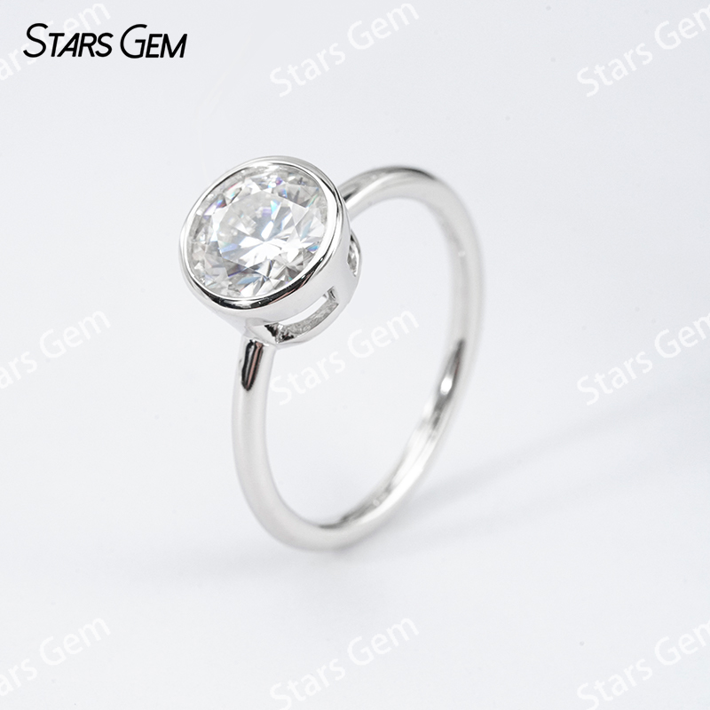 6.5mm & 8mm Round Brilliant Cut Moissanite Bezel Set Classic S925 Sterling Silver Solitaire Engagement Ring