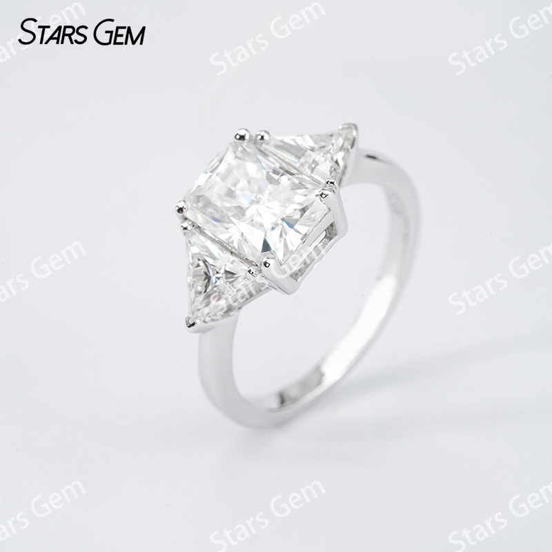 6×8mm Radiant Cut Moissanite S925 Sterling Silver Three Stone Engagement Ring