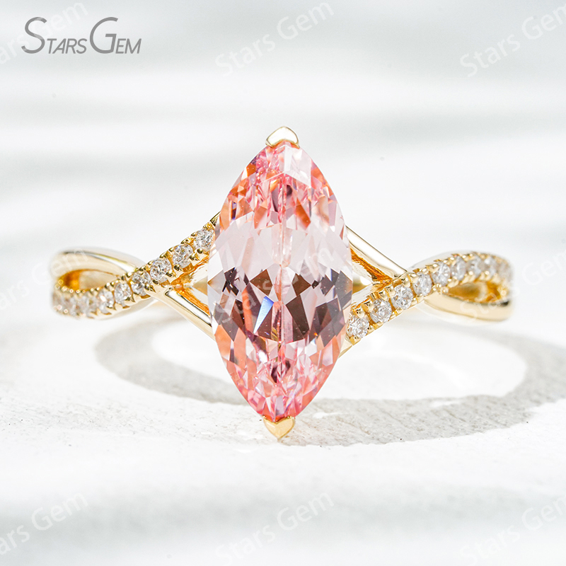 6×12mm Marquise Cut Lab Gemstones With Winding Band 18K Gold Pave Engagement Ring