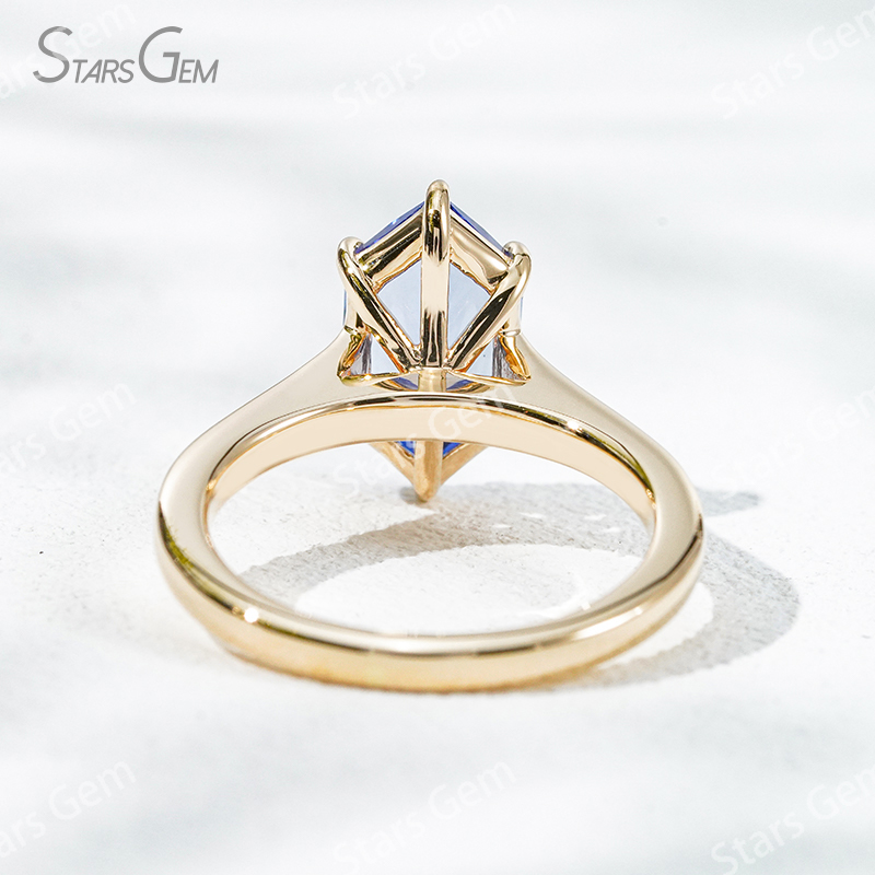 Custom Blue Gemstone Jewelry 6.58×12mm Special Cut Hexagon Shape Lab Grown Sapphire 14K Yellow Gold Solitaire Engagement Ring For Girls Women