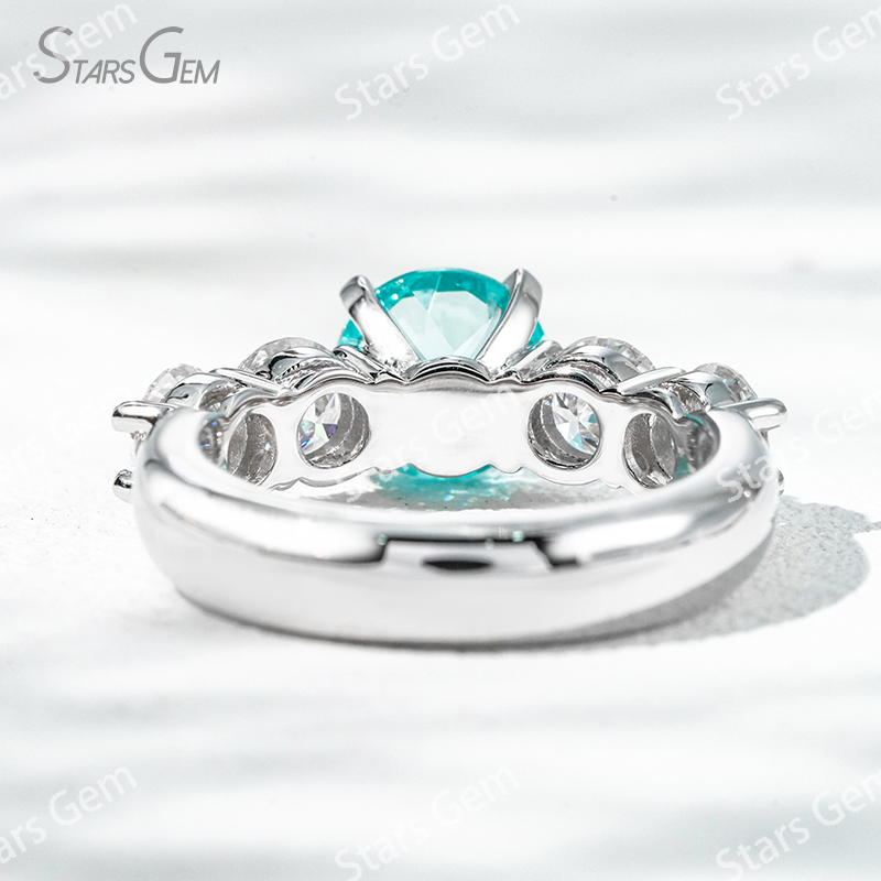 8mm Round Brilliant Cut Lab Grown Paraiba Sapphire With Side Moissanite 14K White Gold Engagement Ring