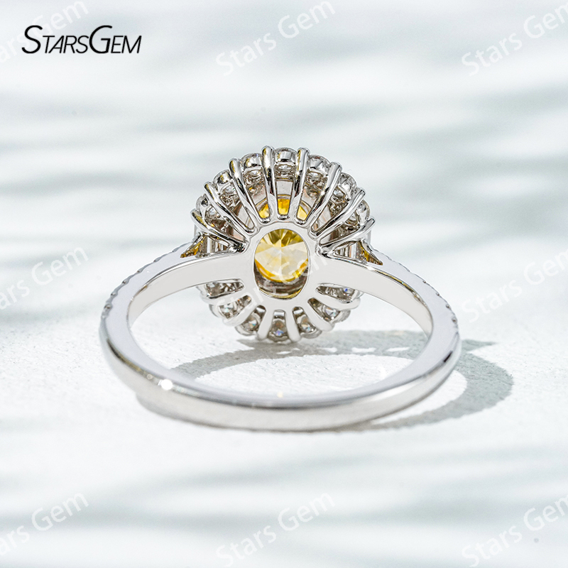 6.8×4.7mm Oval Cut Yellow Lab Grown Diamond 18K White Gold Halo Engagement Ring