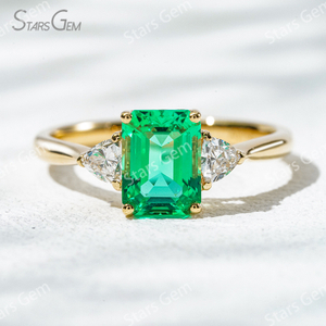 6×8mm Octagon Emerald Cut Lab Grown Emerald 18K Gold Three Stone Engagement Ring