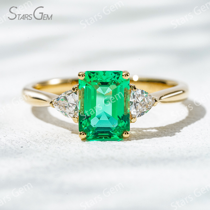 6×8mm Octagon Emerald Cut Lab Grown Emerald 18K Gold Three Stone Engagement Ring