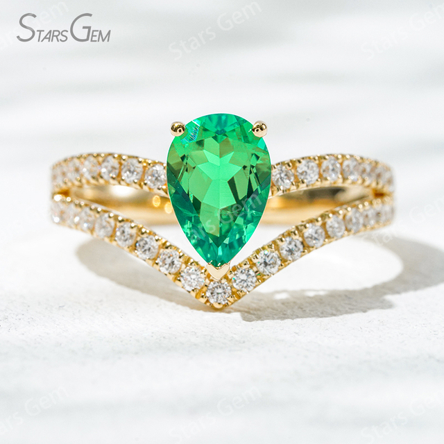 6×9mm Pear Cut Lab Grown Emerald 18K Gold Pave Engagement Ring
