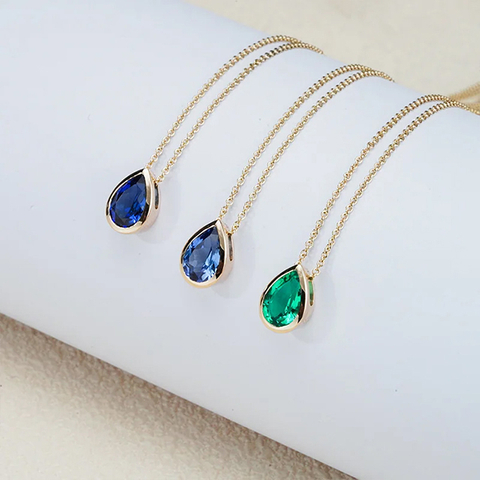 10K 14K Gold Pear Shape Colorful Lab Grown Sapphire Ruby Emerald Gemstone Pendant Necklace