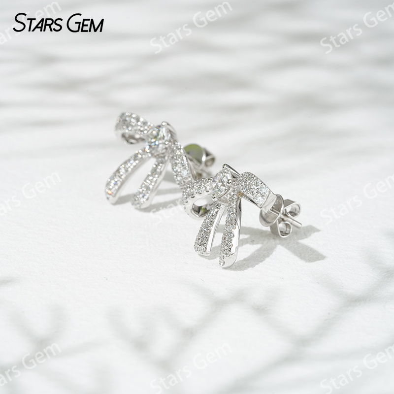 Starsgem 3.9mm Round Brilliant Cut Lab Grown Diamond Bowknot 18K White Gold Diamond Stud Earrings