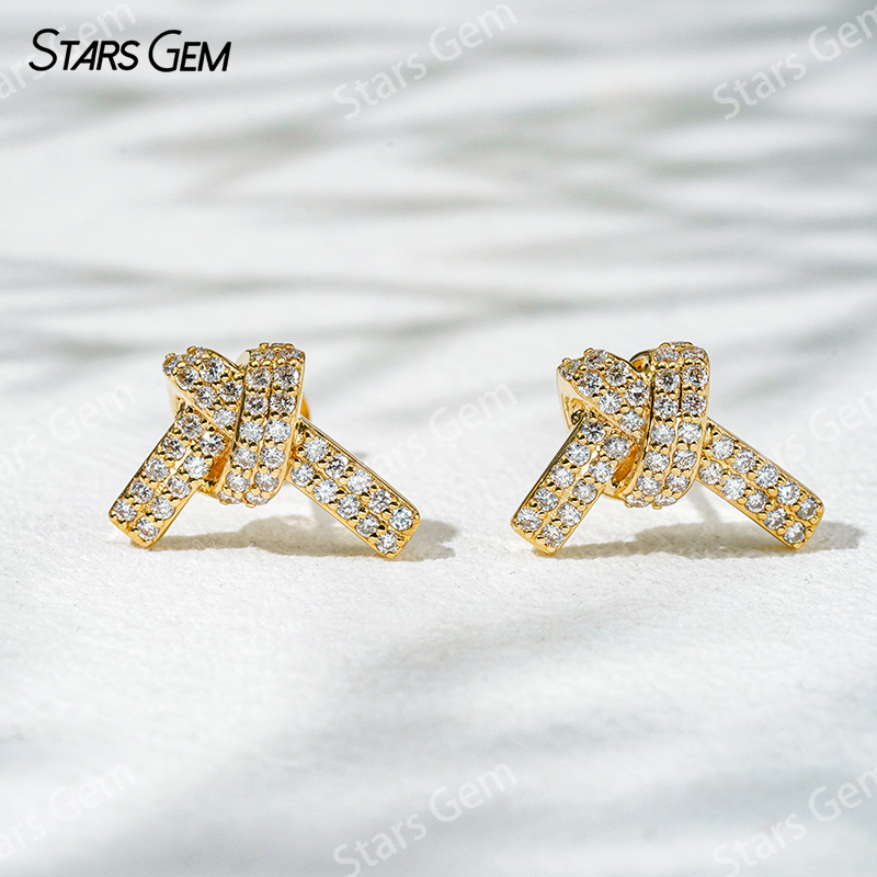 Starsgem 0.9mm Round Brilliant Cut Lab Grown Diamond Ribbon Knot Design 18K Gold Diamond Stud Earrings