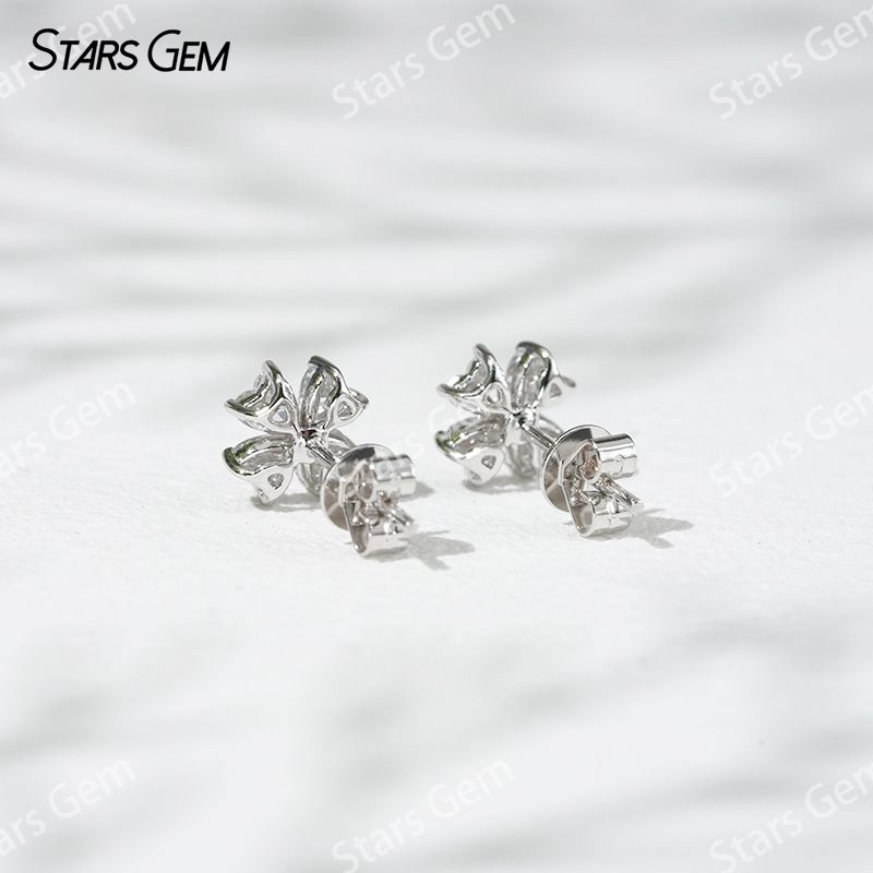 Starsgem 3×3mm Heart Cut Lab Grown Diamond Four Leaves Clover Shape 18K White Gold Diamond Stud Earrings