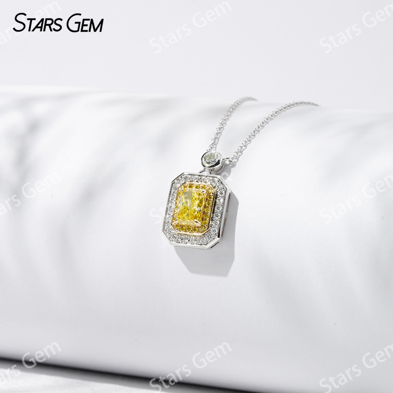 Halo Set 0.8 Carat Radiant Cut Yellow Lab Grown Diamond Pendant 18K Gold Necklace