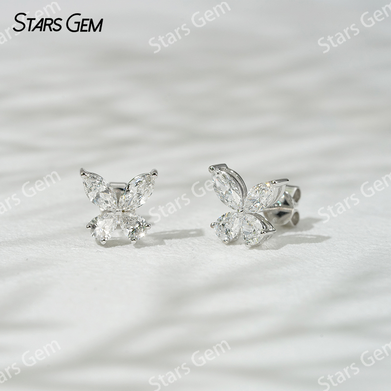 Starsgem 3×6mm Marquise Cut & 3×4mm Pear Cut Lab Grown Diamond Butterfly Shape 18K Gold Diamond Stud Earrings