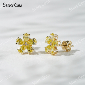 18K Yellow Gold Flower Shape Pear Cut Fancy VIVID Yellow Lab Grown Diamond Stud Earrings