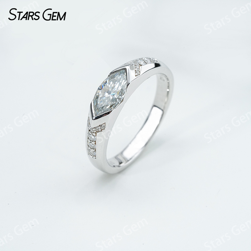 5×10mm Marquise Cut Moissanite S925 Sterling Silver Pave Engagement Ring