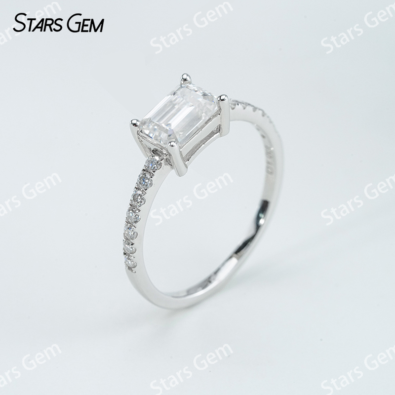 5×7mm Octagon Emerald Cut Moissanite S925 Sterling Silver Pave Engagement Ring