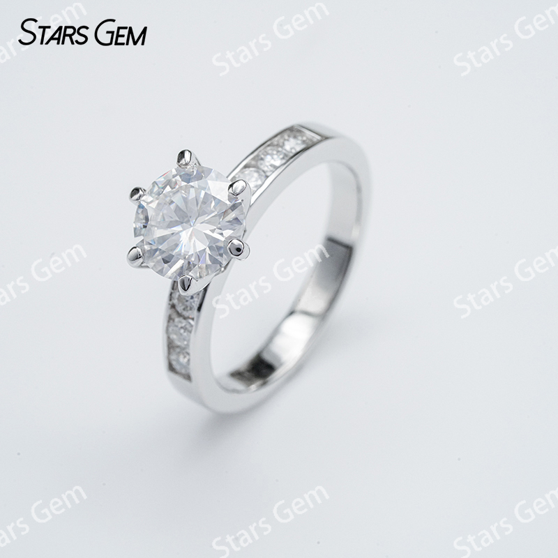 8mm Round Brilliant Cut Moissanite S925 Sterling Silver Pave 6 Prongs Channel Set Engagement Ring